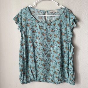 Loft Plus Light Blue Floral Short Flutter Sleeve Blouse Scoop Neck Size 20